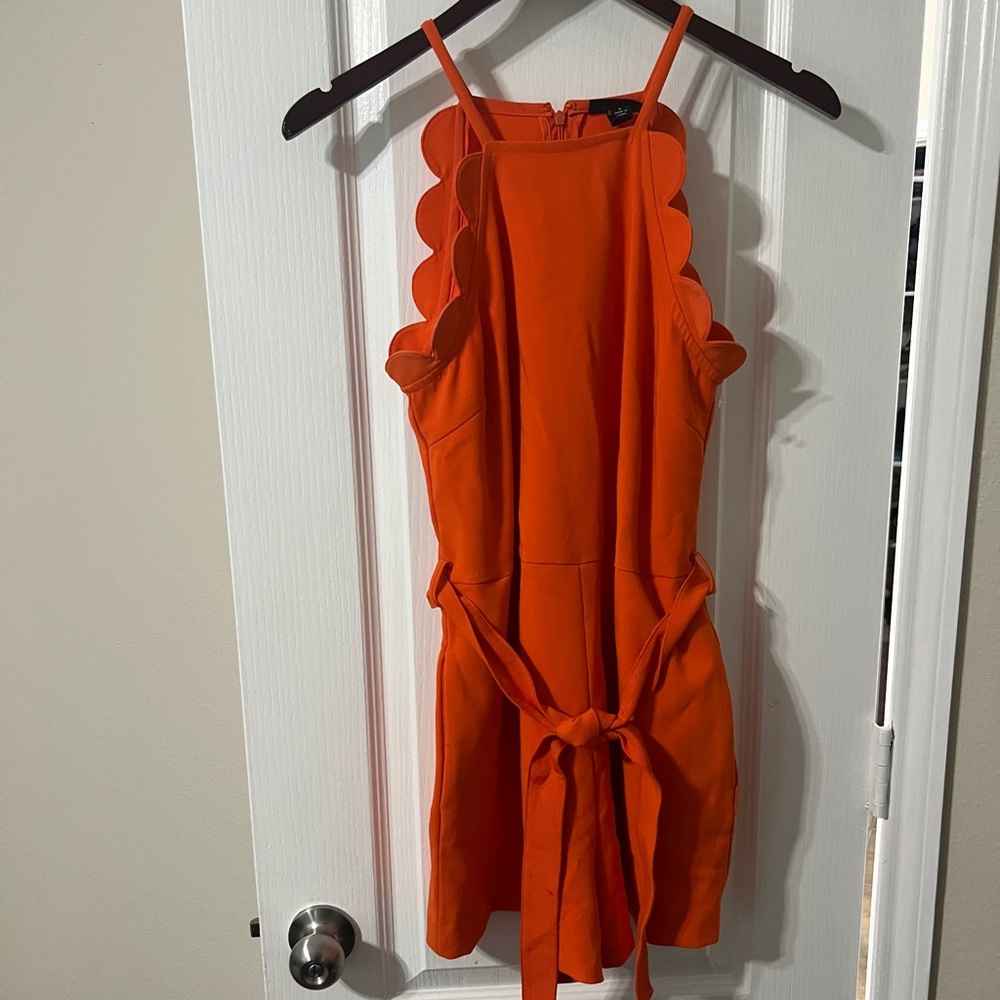 Victoria Beckham Bright Orange Scallop-Edge Sleeveless Jumpsuit with Tie Waist